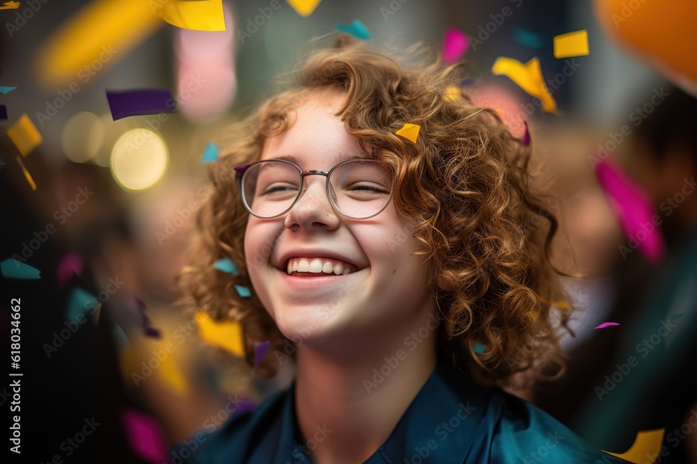 Happy girl headshot enjoys party with colorful confetti. Generative AI, Generative AI