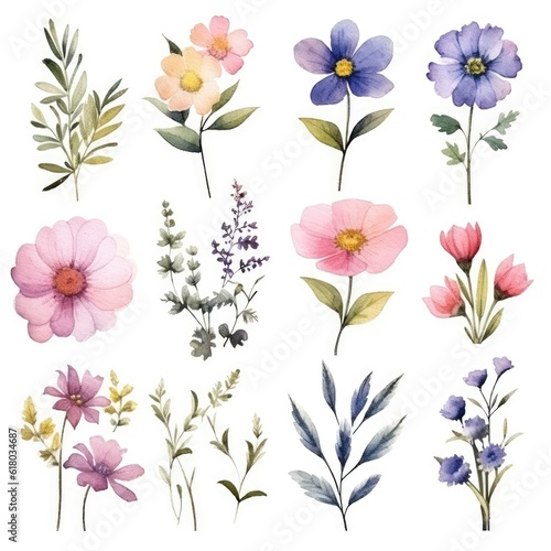 Watercolor flowers. Set Watercolor of multicolored colorful soft flowers. Flowers are isolated on a white background. Flowers pastel colors