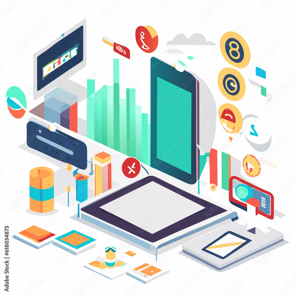 Isometric flat design vector illustration concept of big data analytics, digital technology and analytics.