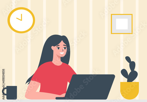 Flat vector illustration. A girl working at home at her laptop. Favorite job, happy girl. Concept of remote work, freelance, quarantine, maternity work . Vector illustration