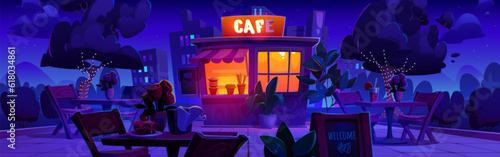 Outdoor cafe in city park at night. Vector cartoon illustration of wooden chairs and tables with cake and cocktail glass, trees decorated with garland lights in public garden, cityscape background