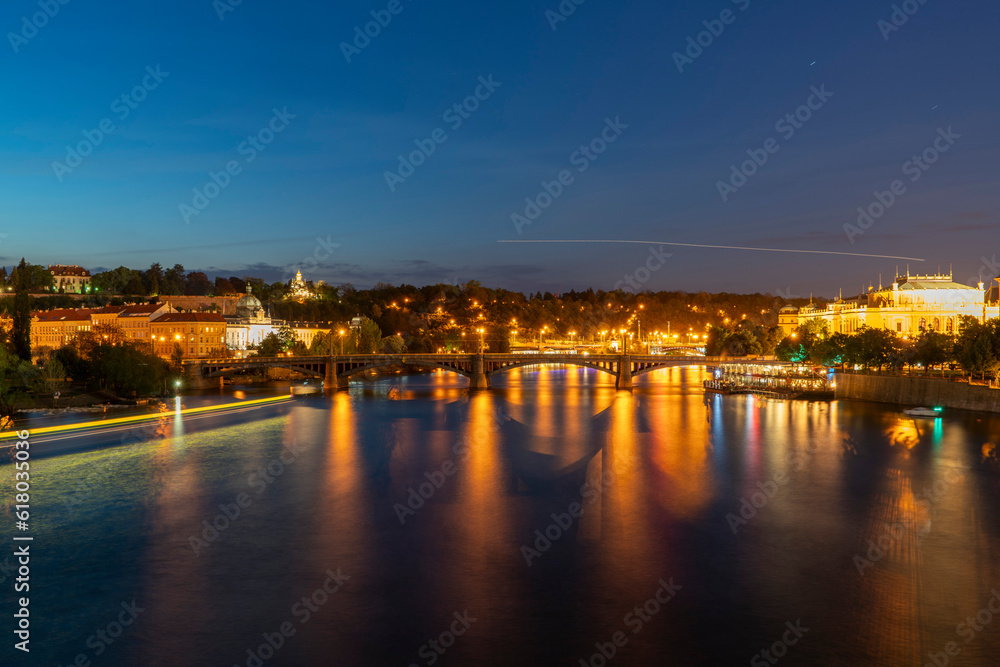night view of Prague with Manes Bridge and the Czech Philharmonic night view of Prague with Manes Bridge and the Czech Philharmonic