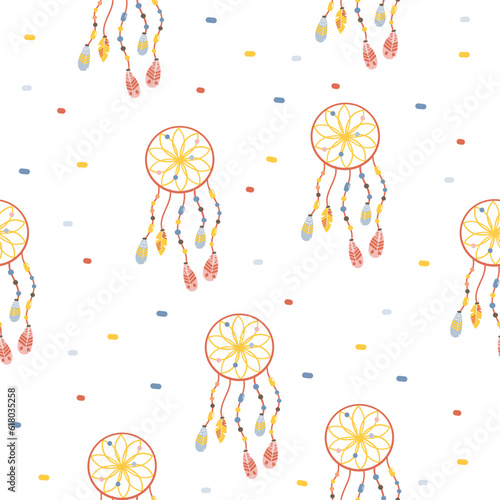 Seamless vector pattern for printing on products. Colorful dream catcher. Vector illustration