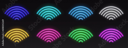 Wifi neon internet signal light glow icon vector. 3d wireless digital router symbol for mobile phone or computer. futuristic wave network sign in red and blue. Cyber outline virtual connection design