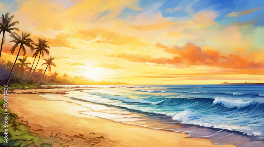 Maui Hawaii Big Beach Sunrise at golden hour in watercolor
