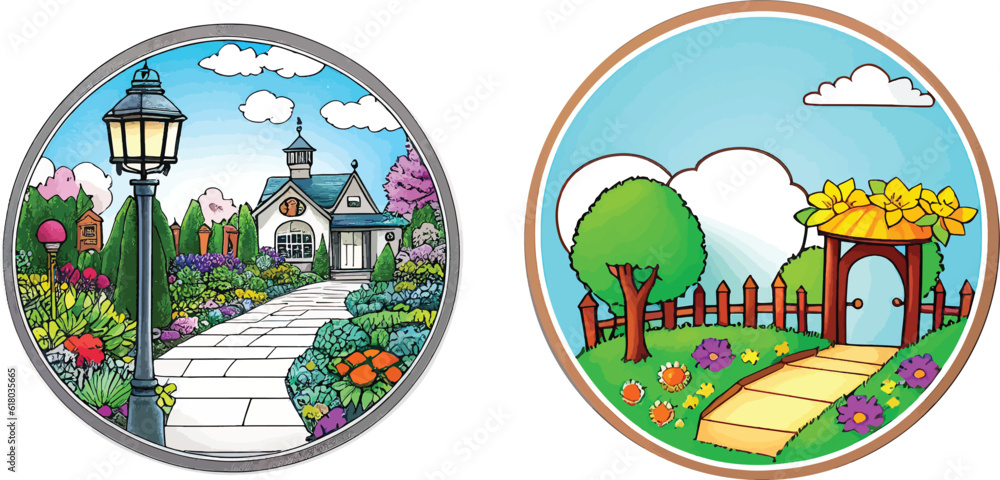 round garden illustration vector set