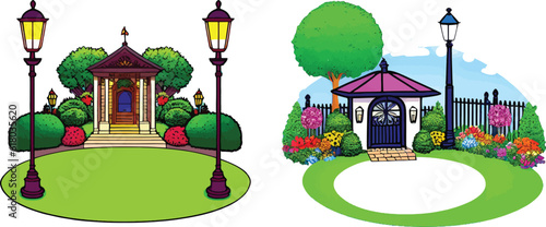 round garden with gazebo vector