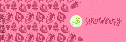 Template banner design with drawings of ripe strawberries vector. Strawberry pattern seamless. Red berries for vegan food, juice, jam label design. Strawberry smoothie backdrop or yogurt background.
