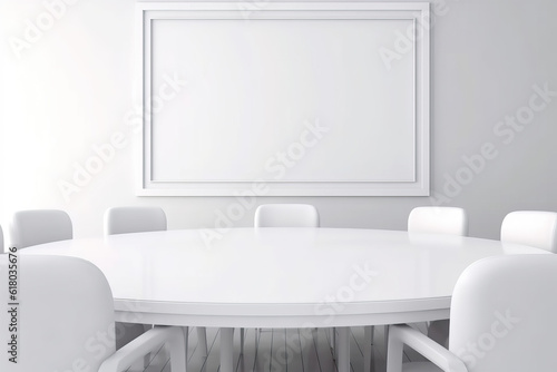 Round white table with chairs and big blank picutre on wall © Odin AI