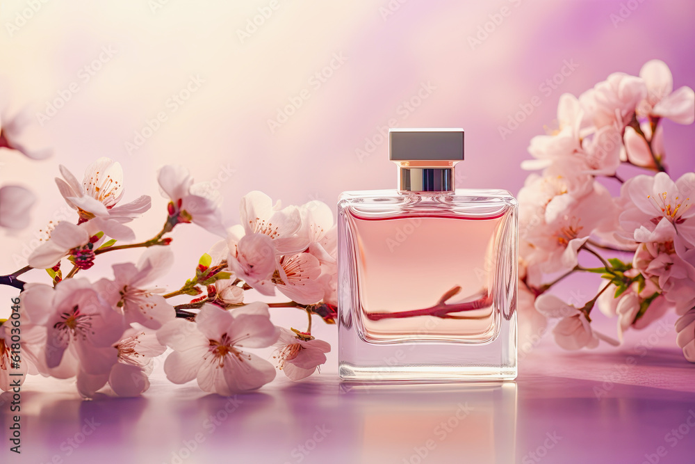 Perfume bottle with flowers on pastel color background Perfume bottle with flowers on pastel color background