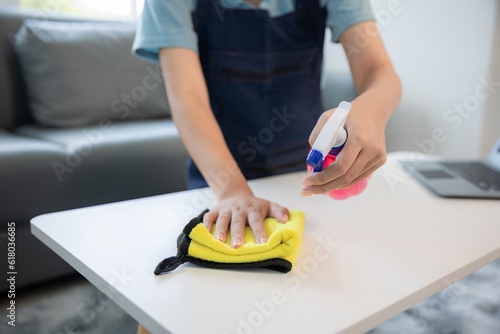 A young female housewife is cleaning the sofa with rags.