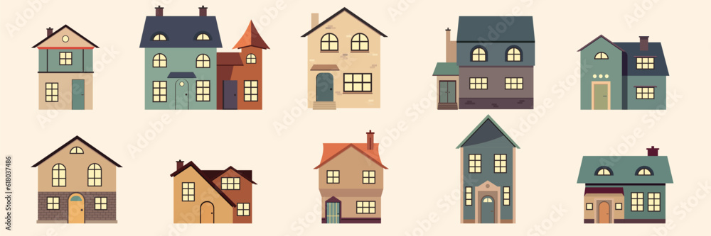 Houses exteriors set. Residential town buildings architecture. Traditional homes designs. Modern real estate structures with windows, doors. Flat vector illustrations isolated on white background