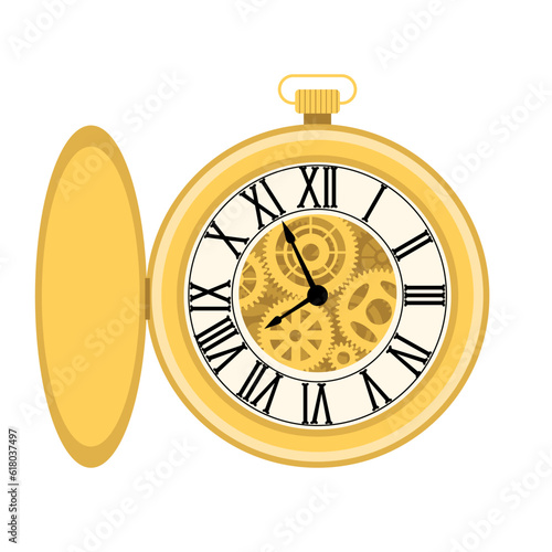 Retro pocket watch isolated on the white background. Golden Antique pocket watch vector in cartoon style. All elements are isolated. Vector illustration.
