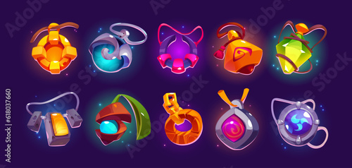 Game amulet icon with magic gem vector ui set. Fantasy pendant ball for witch interface app. Fairy button design illustration. Wizard brooch treasure for award. Orb glass necklace reward decoration