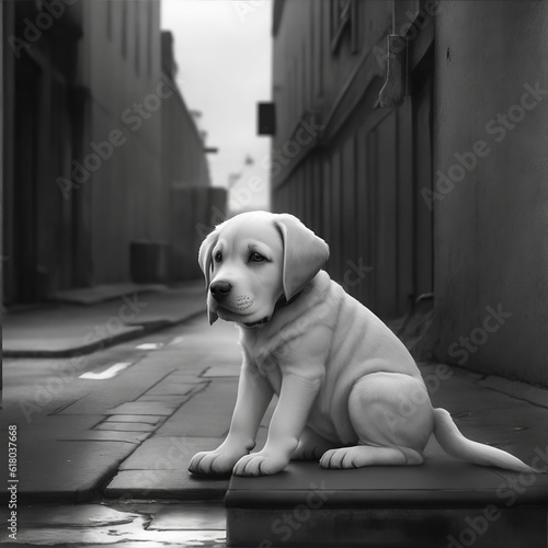Labrador retriever puppy sitting on a street floor