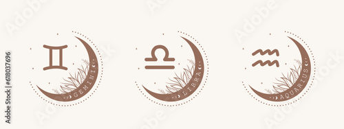 Gemini, libra, aquarius. Air zodiac signs in boho style. Astrological icons on white background. Mystery and esoteric. Horoscope vector illustration. Spiritual symbols for tarot cards, calendars.
