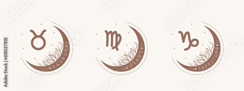 Taurus, virgo, capricorn. Earth zodiac signs in boho style. Astrological icons on white background. Mystery and esoteric. Horoscope vector illustration. Spiritual symbols for tarot cards, calendars.