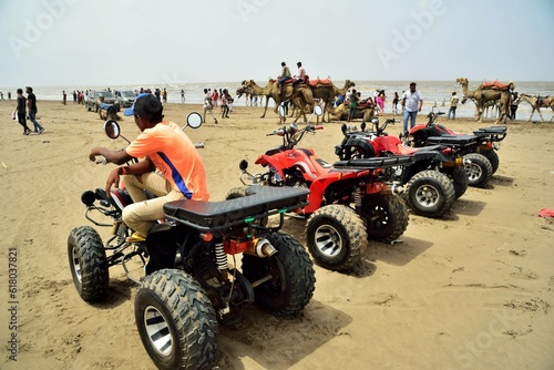 Vászonkép Four wheel bikes, Dumas beach, Surat, Gujarat, India, Asia