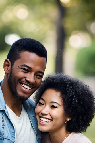 Image of a beautiful Asian woman and black man couple smiling. (AI-generated fictional illustration)
