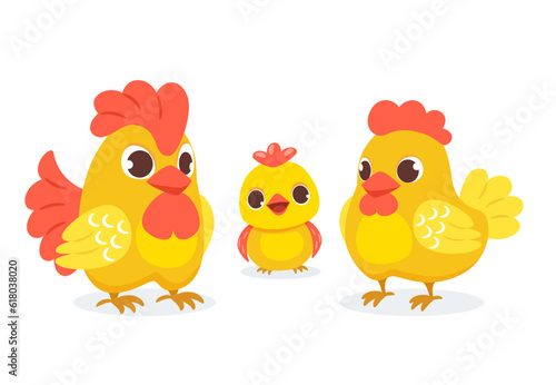 Cute chicken family with their chicken in cartoon style. Vector illustration of an adult hen, rooster and chick on a white background.