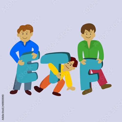 three business people cartoon, holding the letters "ETF". Concept cryptocurrency fund.