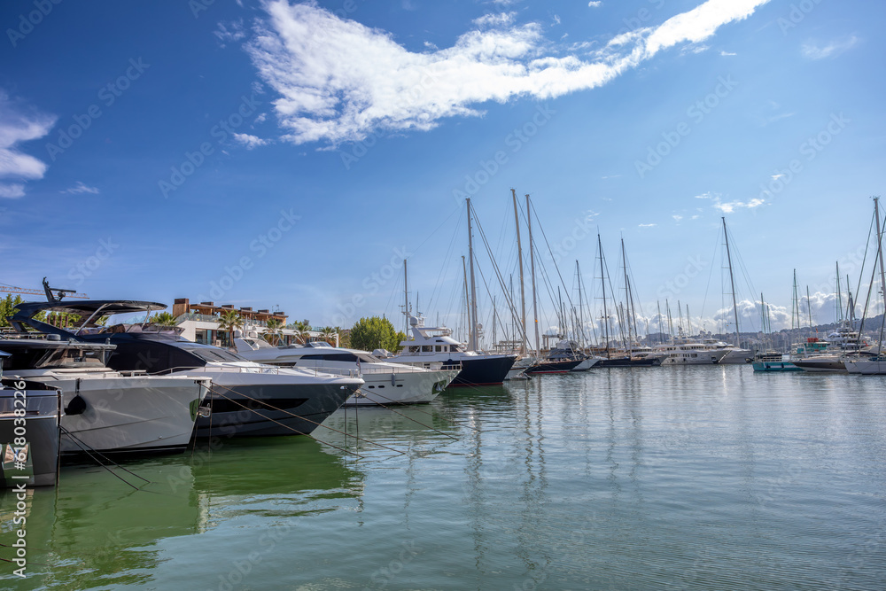 Fototapeta premium Scenic view of capital city Palma de Mallorca port. Sunny day with blue sky. Balearic Islands Mallorca Spain.