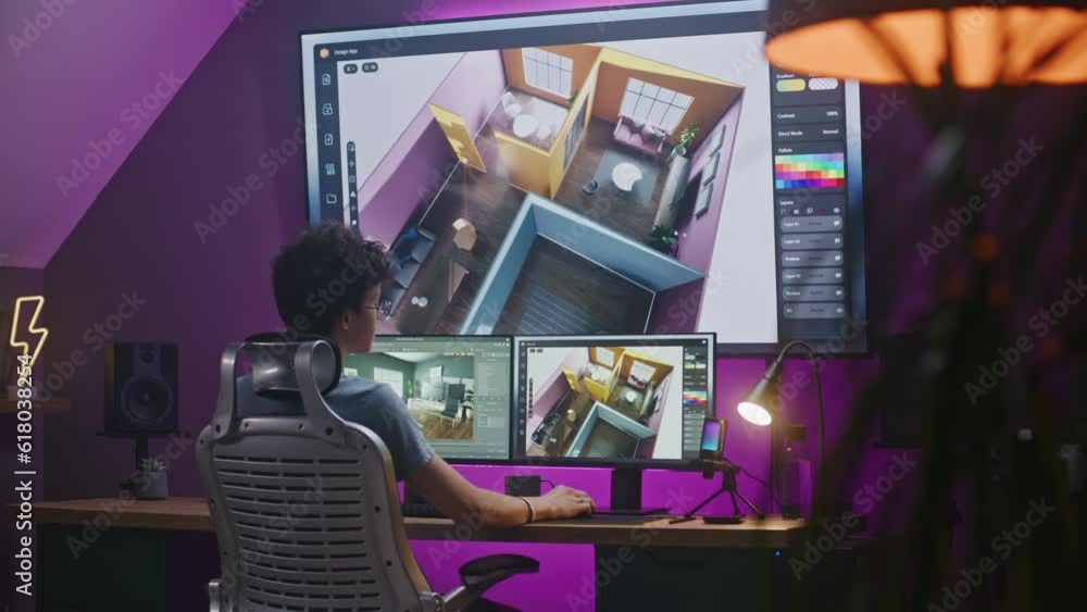 Young 3D designer creates modern house interior, works on design ...