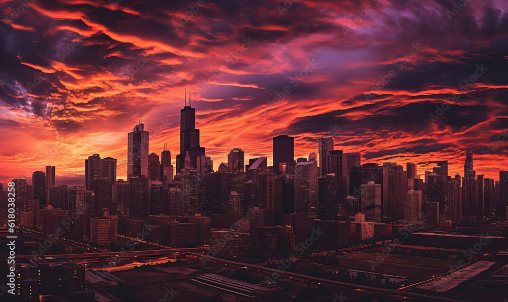 Fototapeta premium Sunset Sky over Modern City with Skyscrapers. Created using generative AI tools