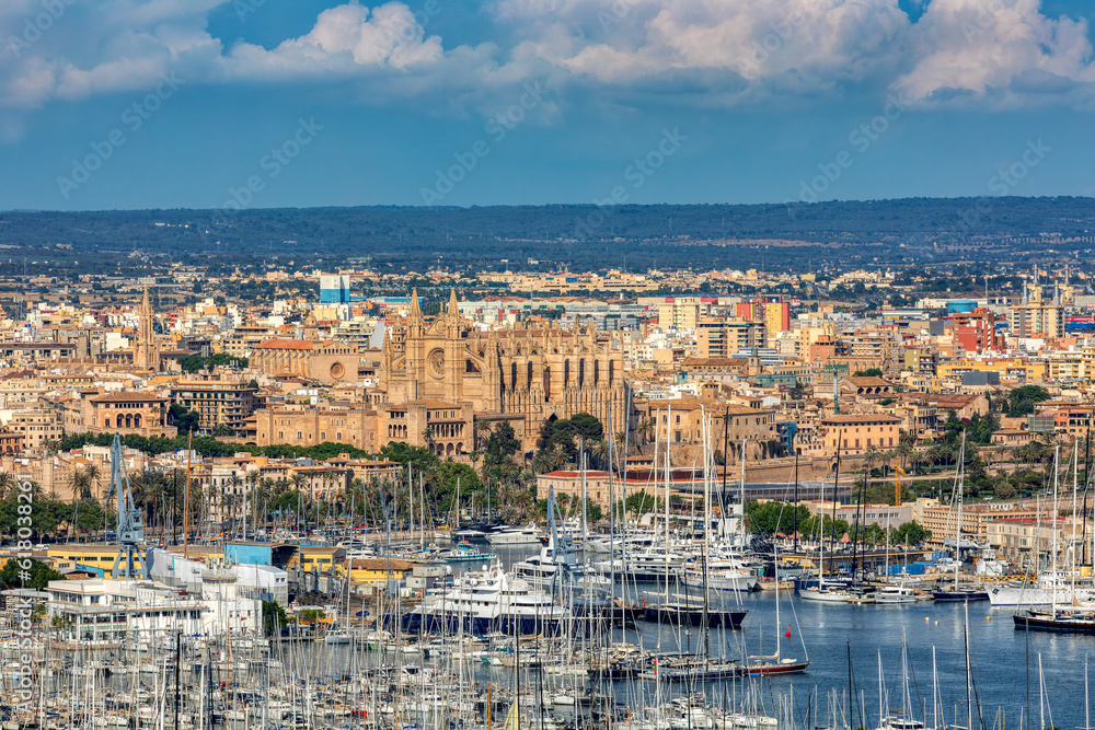 Scenic view of capital city Palma de Mallorca cityscape. View from Bellver Castle hill to old town centre with cathedral La Seu. Balearic Islands Mallorca Spain.