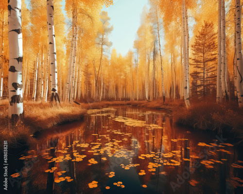 Autumn Birch Grove and River. Created using generative AI tools