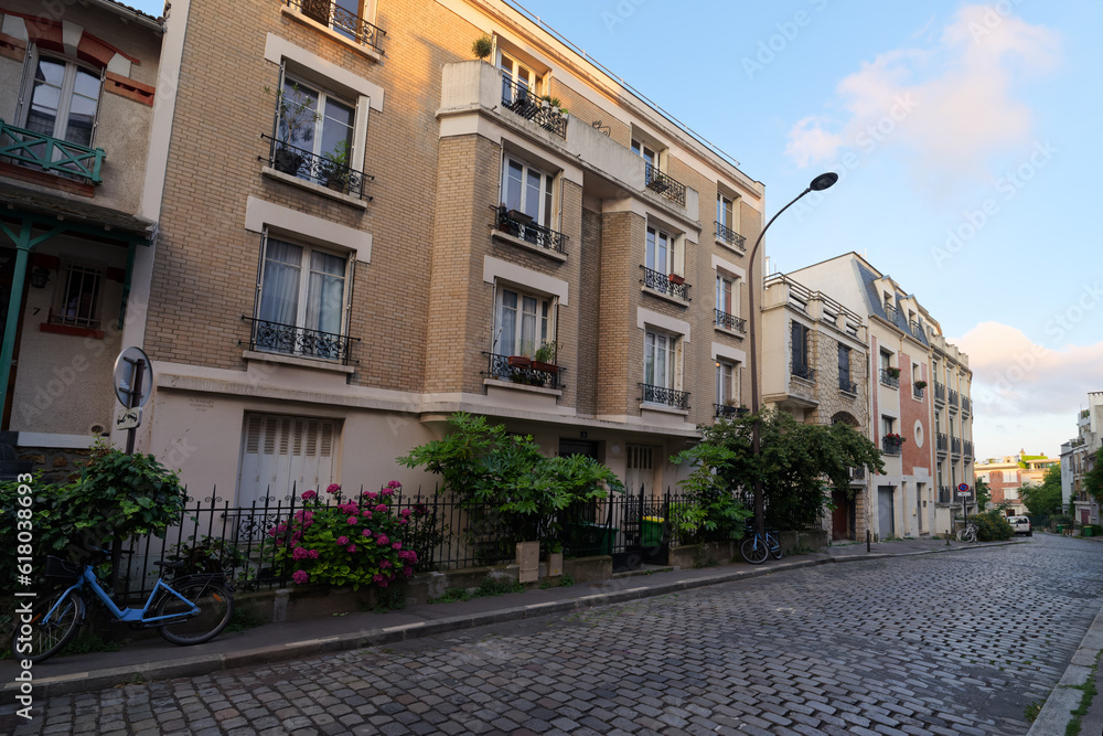  Cobbled street on the Butte Bergeyre in 19th arrondissement of Paris city