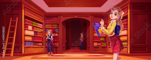 School library room with bookshelf and student vector cartoon illustration. Book store office interior with wood shelf furniture, carpet and ladder. Classic college education and knowledge concept