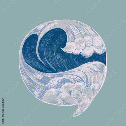 Fine art illustration of sea waves within a dialogue bubble symbol. Abstract symbolism for deep conversations, emotional expressions, embracing vulnerability, decluttering thoughts, stoic reminders 
