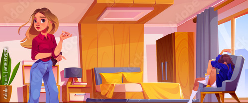 Upset teen in bedroom with sad mother cartoon vector illustration. Daughter in mom room with modern interior design at home protest. Domestic problem behavior between parent person and cry girl child.