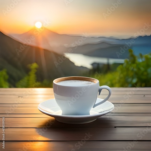 A cup of coffee at sunrise with a wonderful view of mountains and trees