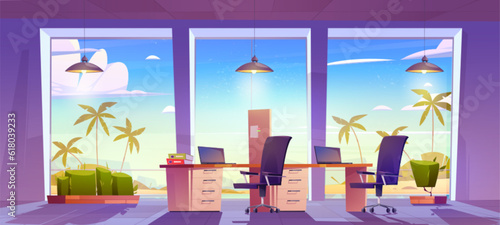 Seaside company office interior with palm trees behind large windows. Vector cartoon illustration of room with laptops and folders on desks, chairs, lamps. Tropical beach view. Business workspace
