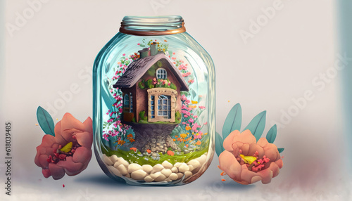 A little house in a glass jar with flowers background photo