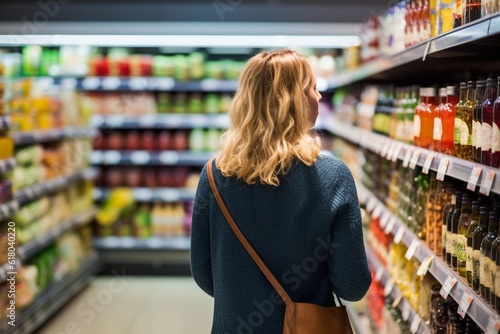 A woman comparing products in a grocery store Fototapet