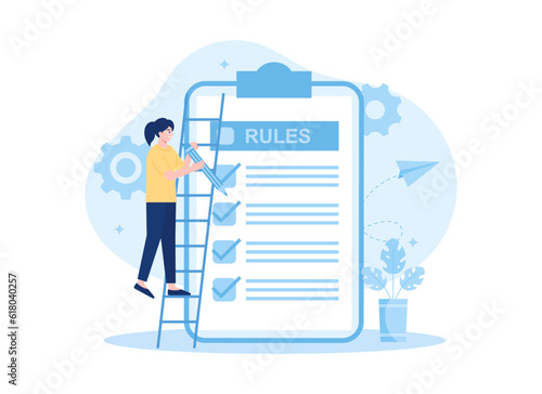 Woman making checklist for control of rules companies trending flat illustration