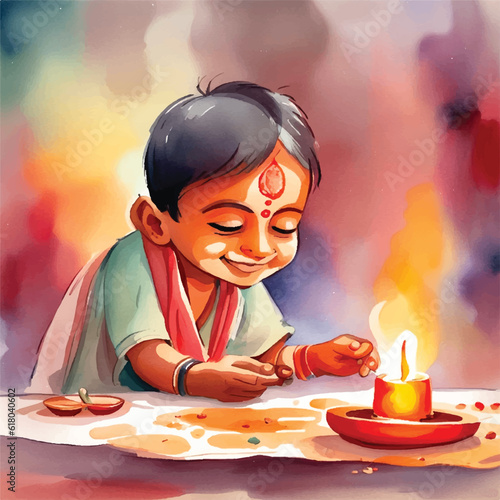 Indian kids in traditional Puja worshipping/yagya watercolour vector illustration photo