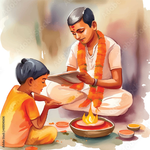 Indian kids in traditional Puja worshipping/yagya watercolour vector illustration photo