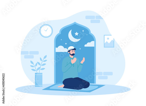 Muslims praying at midnight concept trending flat illustration