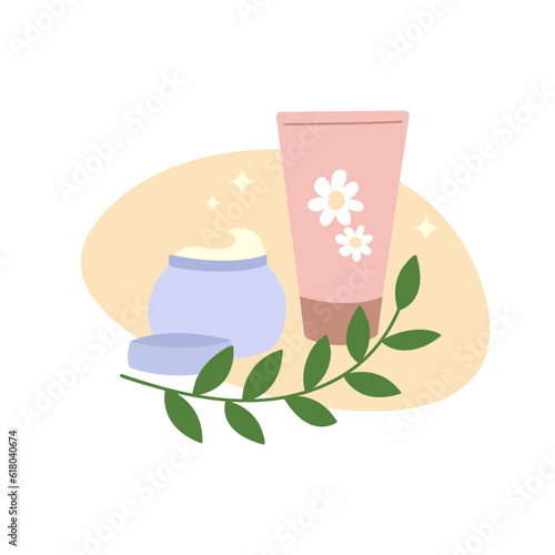 Natural skin care. Self care products. Skincare routine. Organic cosmetics concept. Herbal cosmetic lotion  moisturizer  cream in tube and jar. Flat vector hand drawn illustration