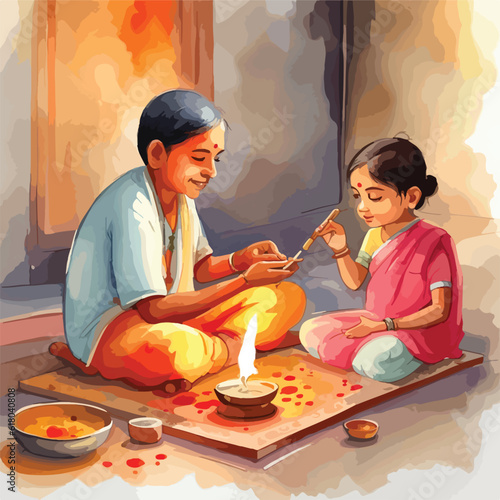 Indian kids in traditional Puja worshipping/yagya watercolour vector illustration