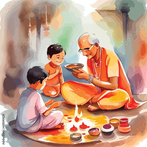 Indian kids in traditional Puja worshipping/yagya watercolour vector illustration