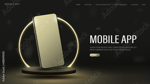 A web banner with a 3d smartphone in gold color on a glossy podium with a bright neon yellow arch. A concept for a website with a mockup mobile phone.