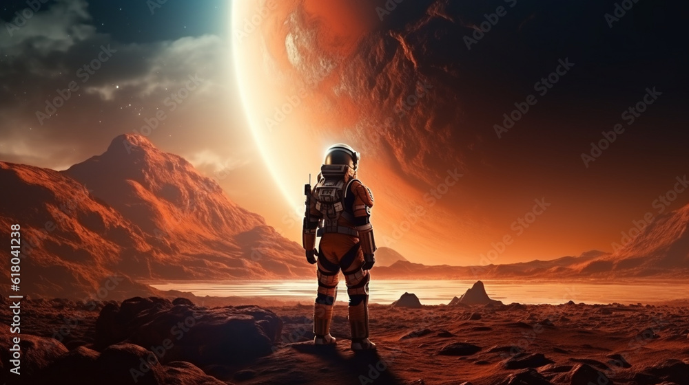 Astronaut wearing spacesuit standing on Mars with copy space. Sci-fi outer space scence. Generative Ai.