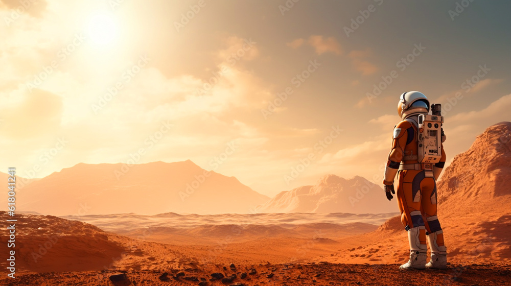 Astronaut wearing a spacesuit standing on Mars looking at the landscape, copy space. Sci-fi outer space scence. Generative Ai.