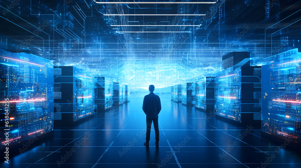Engineer stand inside huge modern server room, Information digitalization lines streaming through servers. SAAS, Cloud Computing, Web Service, Cloud storage server. Generative ai. Engineer stand inside huge modern server room, Information digitalization lines streaming through servers. SAAS, Cloud Computing, Web Service, Cloud storage server. Generative ai.