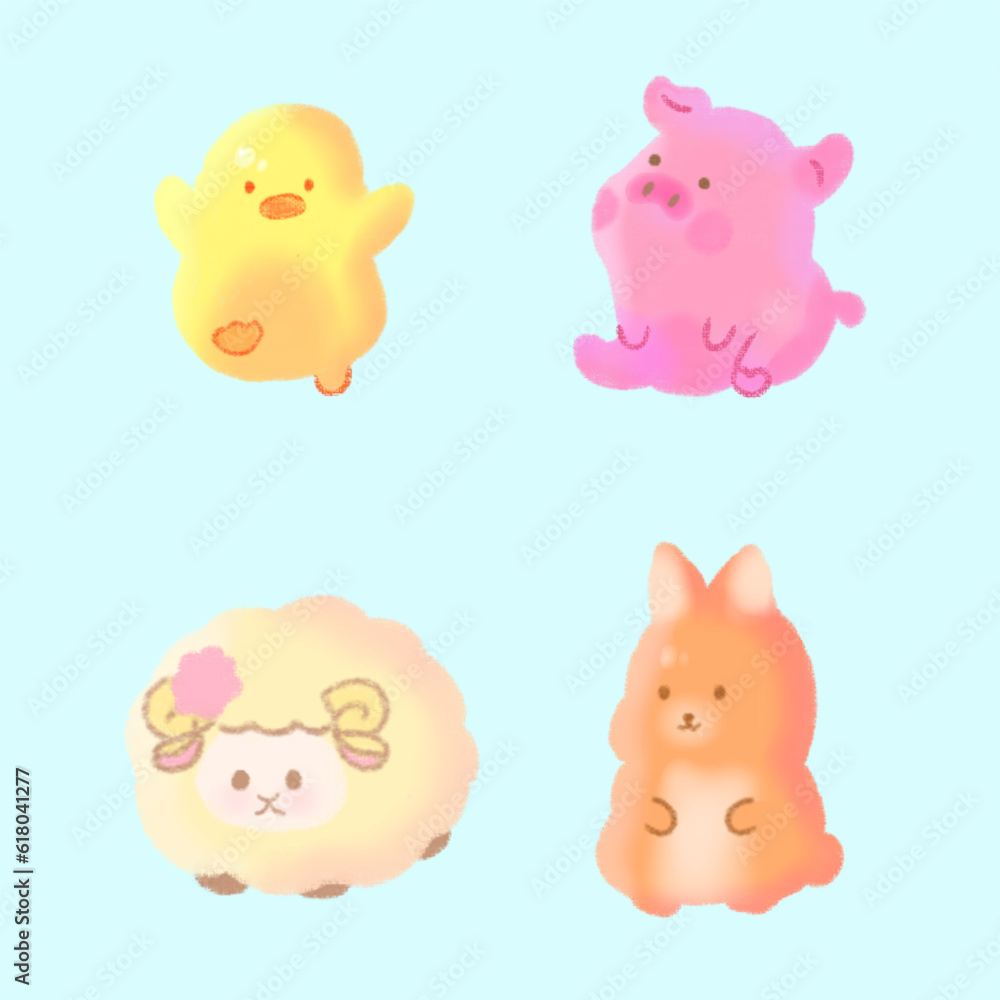 Handdrawing Animal Rabbit Pig Sheep Duck Illustration Mascot Crayon Handdrawing Animal Rabbit Pig Sheep Duck Illustration Mascot Crayon